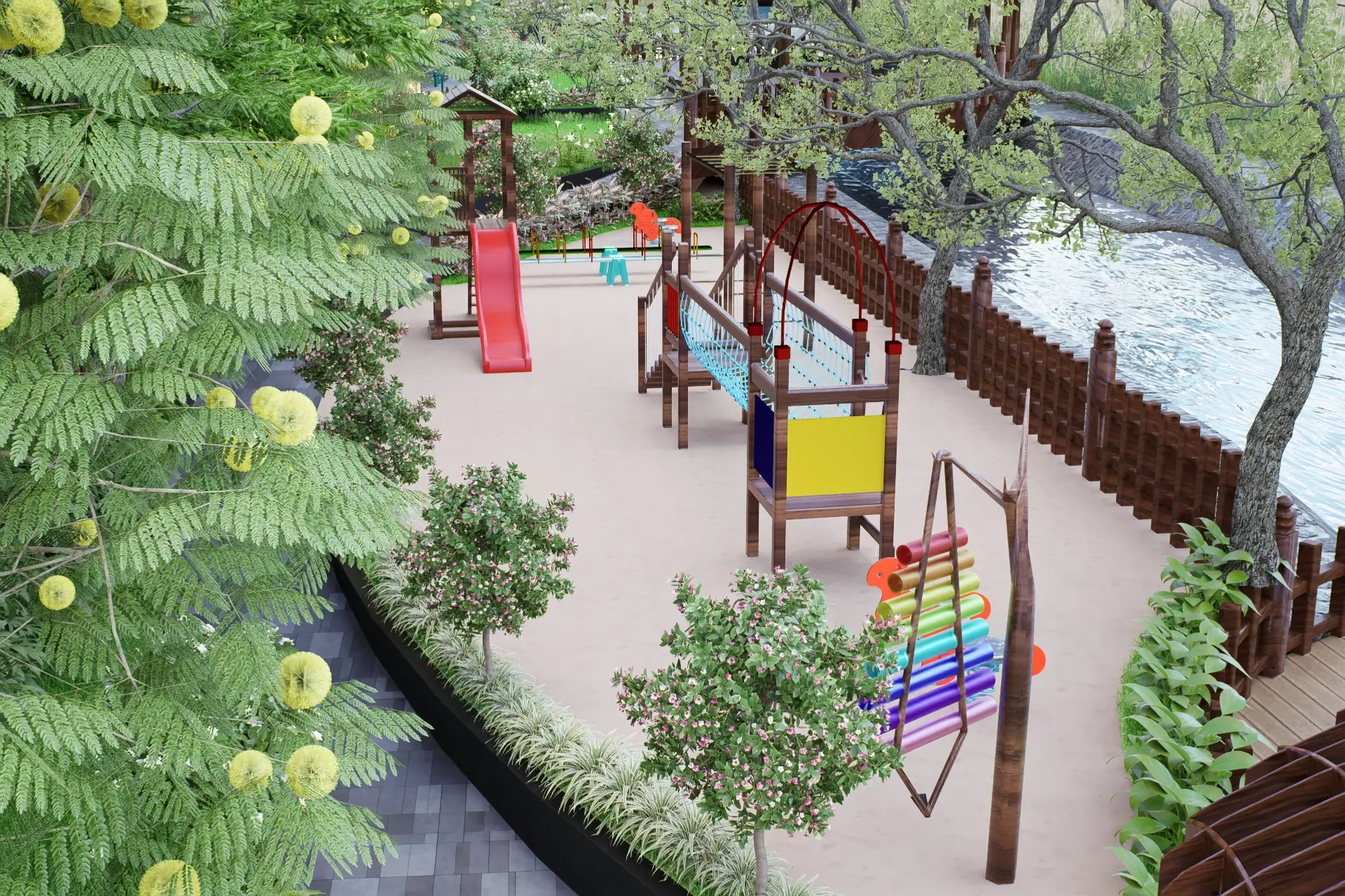 Children's play zone by the water at The Vana Estate
