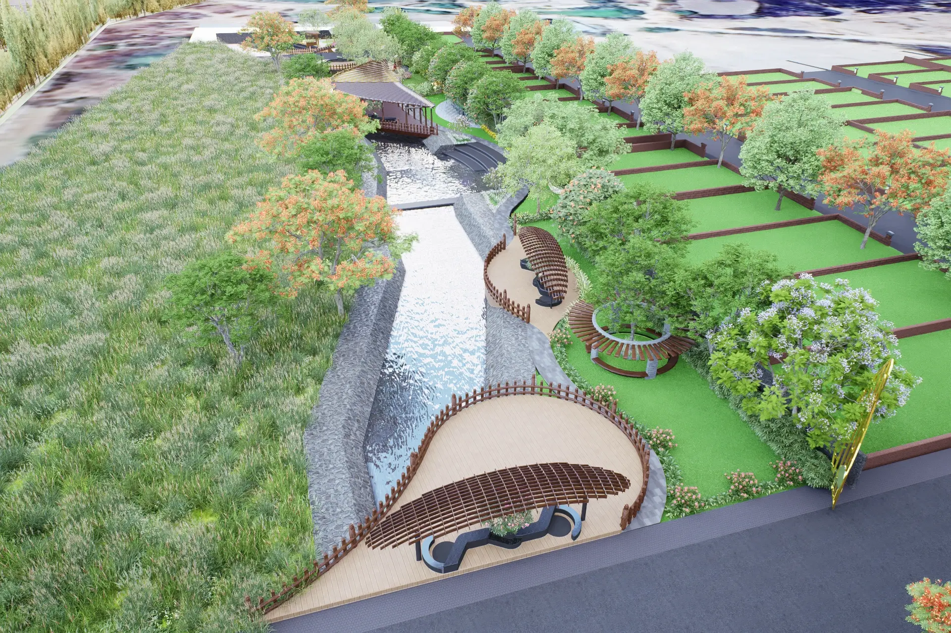 Aerial view of the water body and plots at The Vana Estate