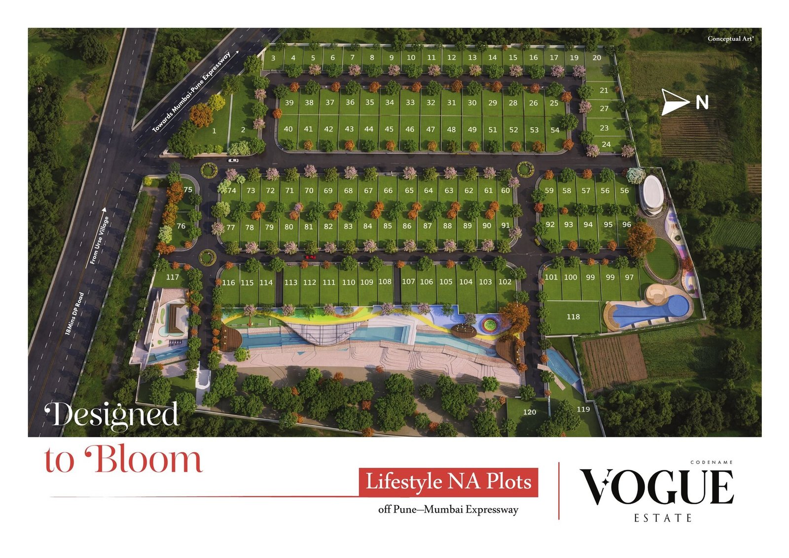 The Vana Estate site masterplan, aerial artistic impression showing 120 plots